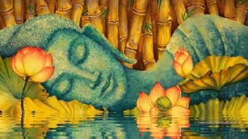 Bouddha relaxant sur l’étang de nénuphar bouddhisme Peinture à l'huile